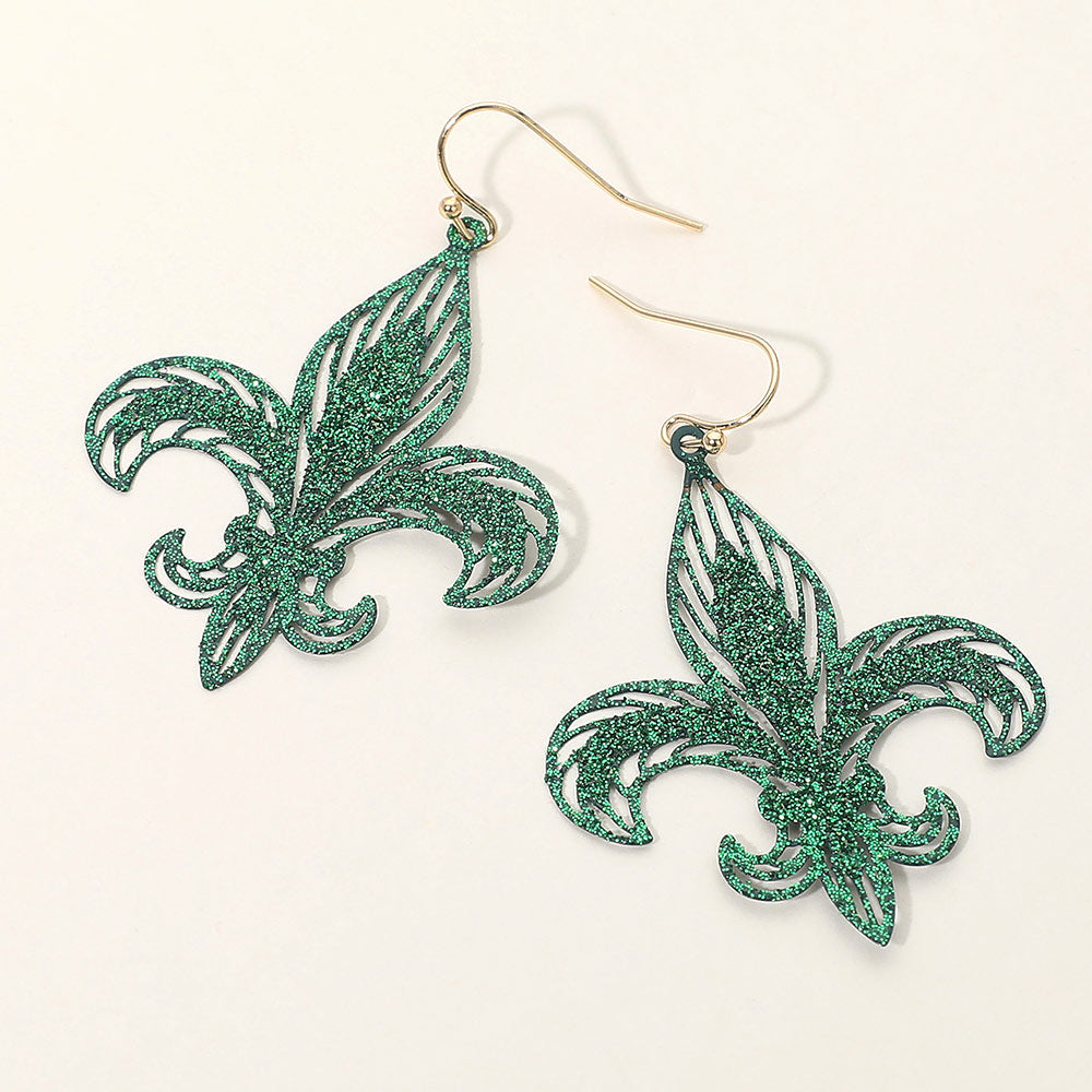 Madeline Love Green Lightweight Glitter Fleur de Lis Dangle Earrings