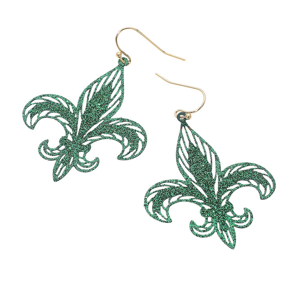 Madeline Love Green Lightweight Glitter Fleur de Lis Dangle Earrings - desc