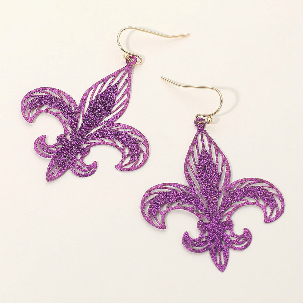 Madeline Love Purple Lightweight Glitter Fleur de Lis Dangle Earrings