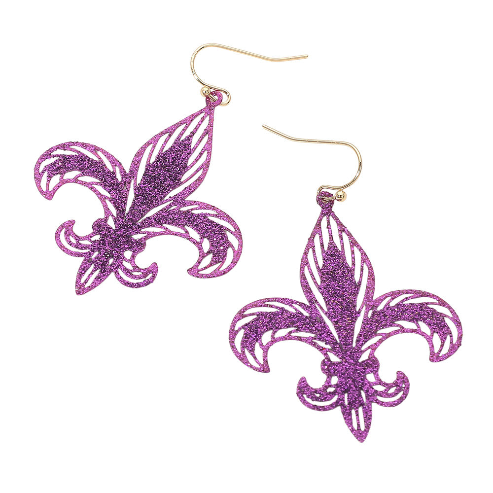 Madeline Love Purple Lightweight Glitter Fleur de Lis Dangle Earrings - desc