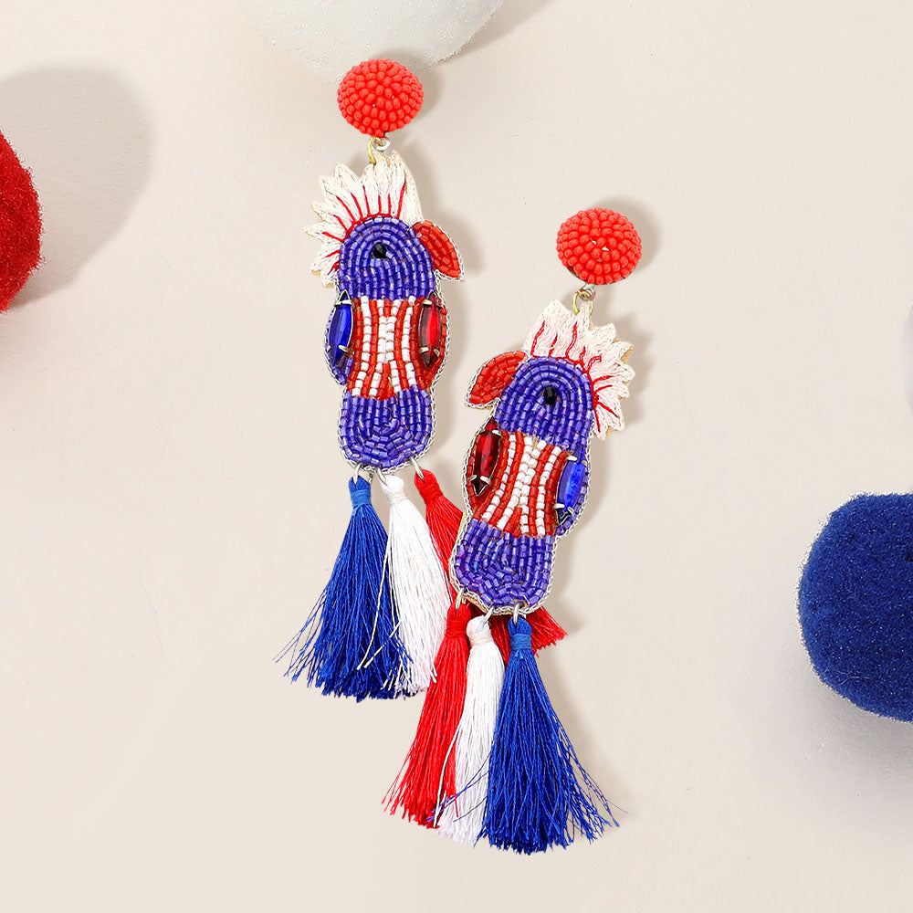 Madeline Love Blue, Red, White American USA Flag Parrot Beaded Tassel Earrings