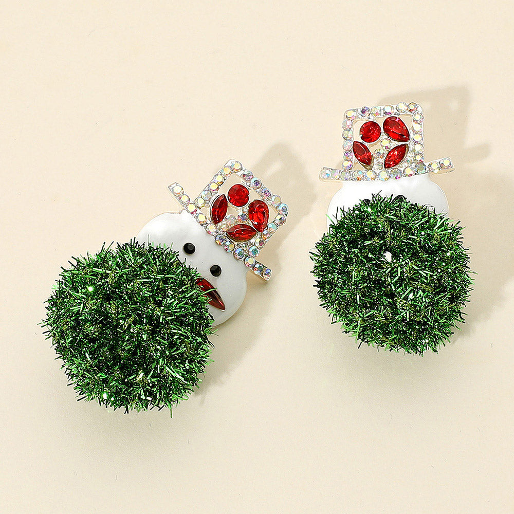 Madeline Love Green, Silver Pom Pom Stone Paved Hat Snowman Earrings