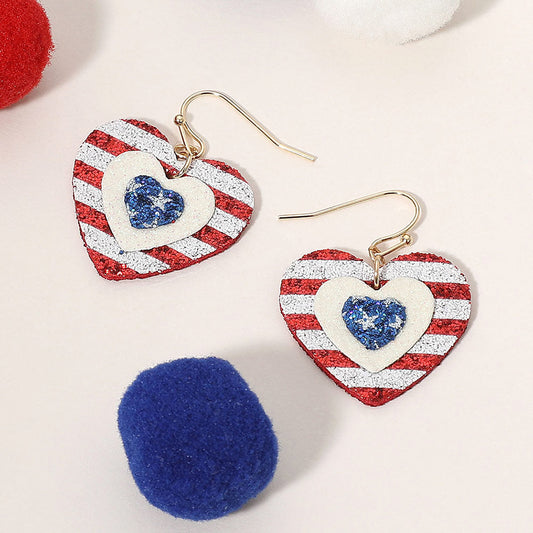 Madeline Love Gold, Multi Glittered American USA Flag Heart Dangle Earrings