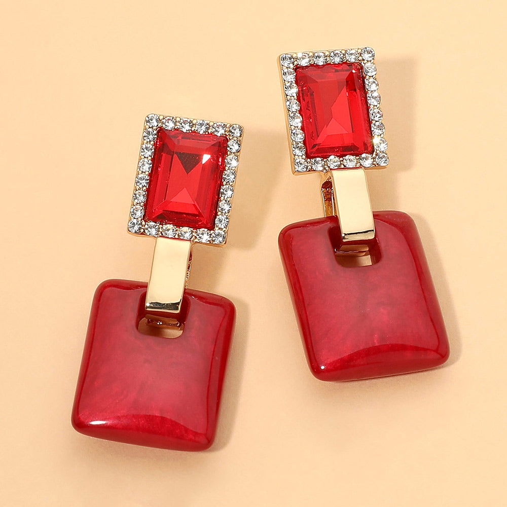Madeline Love Red Bold Geometric Gem Resin Square Drop Earrings