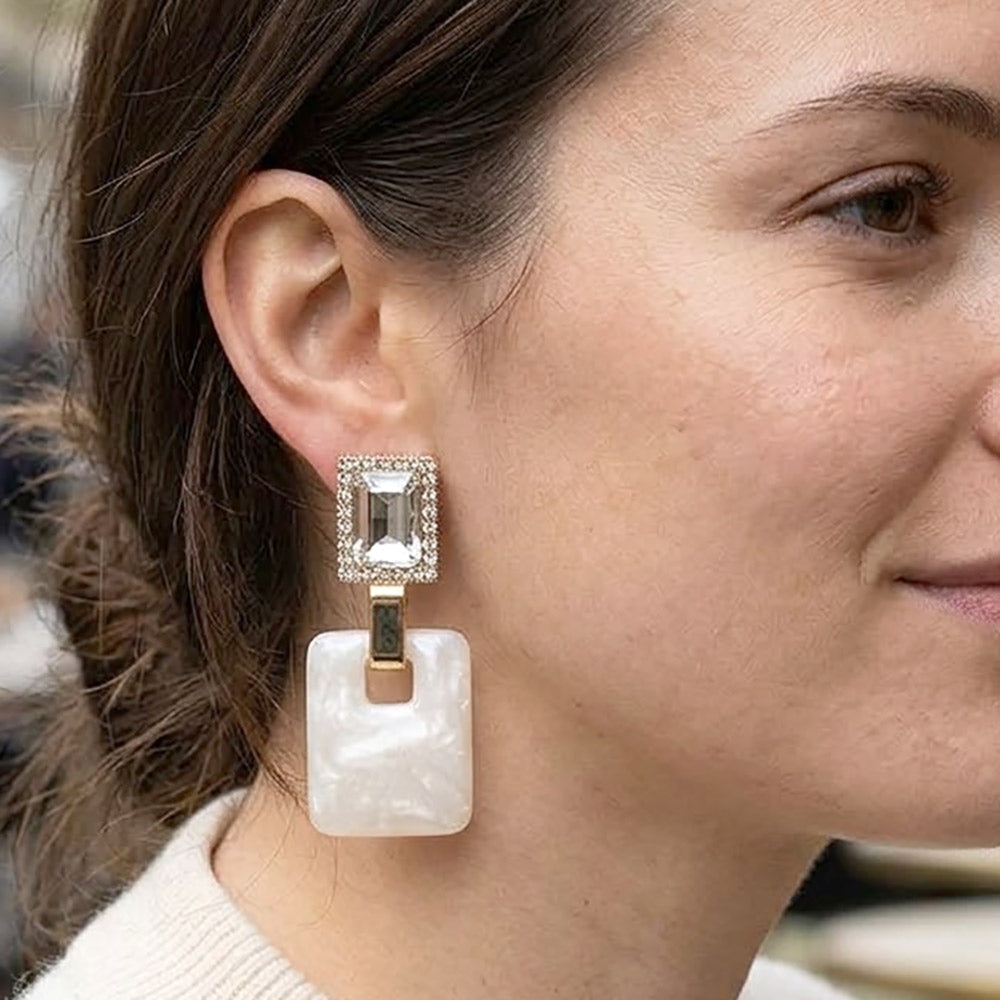 Madeline Love White Bold Geometric Gem Resin Square Drop Earrings