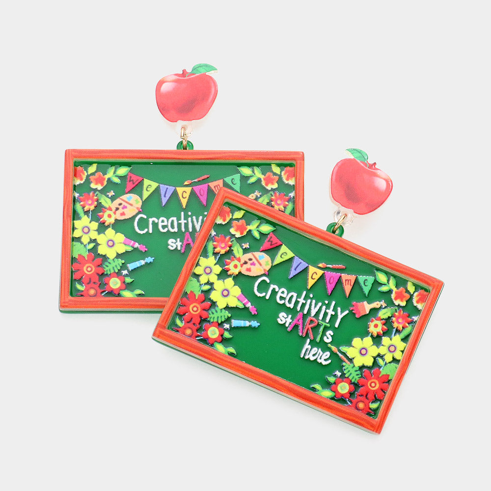 Madeline Love Multi Resin Apple Creativity Starts Here Message Floral Chalkboard Link Dangle Earrings