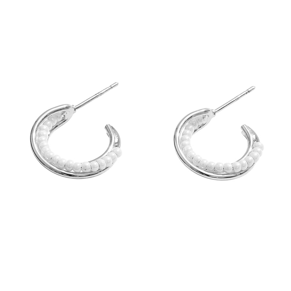 Madeline Love Silver White Gold Dipped Pearl Beads Small Hoop Earrings - desc