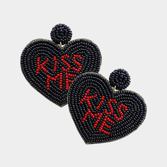 Kiss Me Message Felt Back Seed Beaded Heart Dangle Earrings