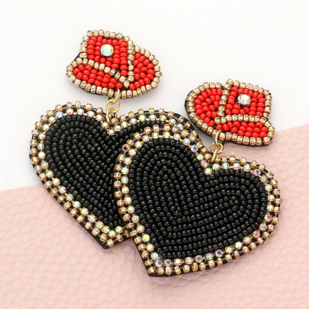 Felt Back Beaded Hat Heart Link Dangle Earrings - Black - Earrings