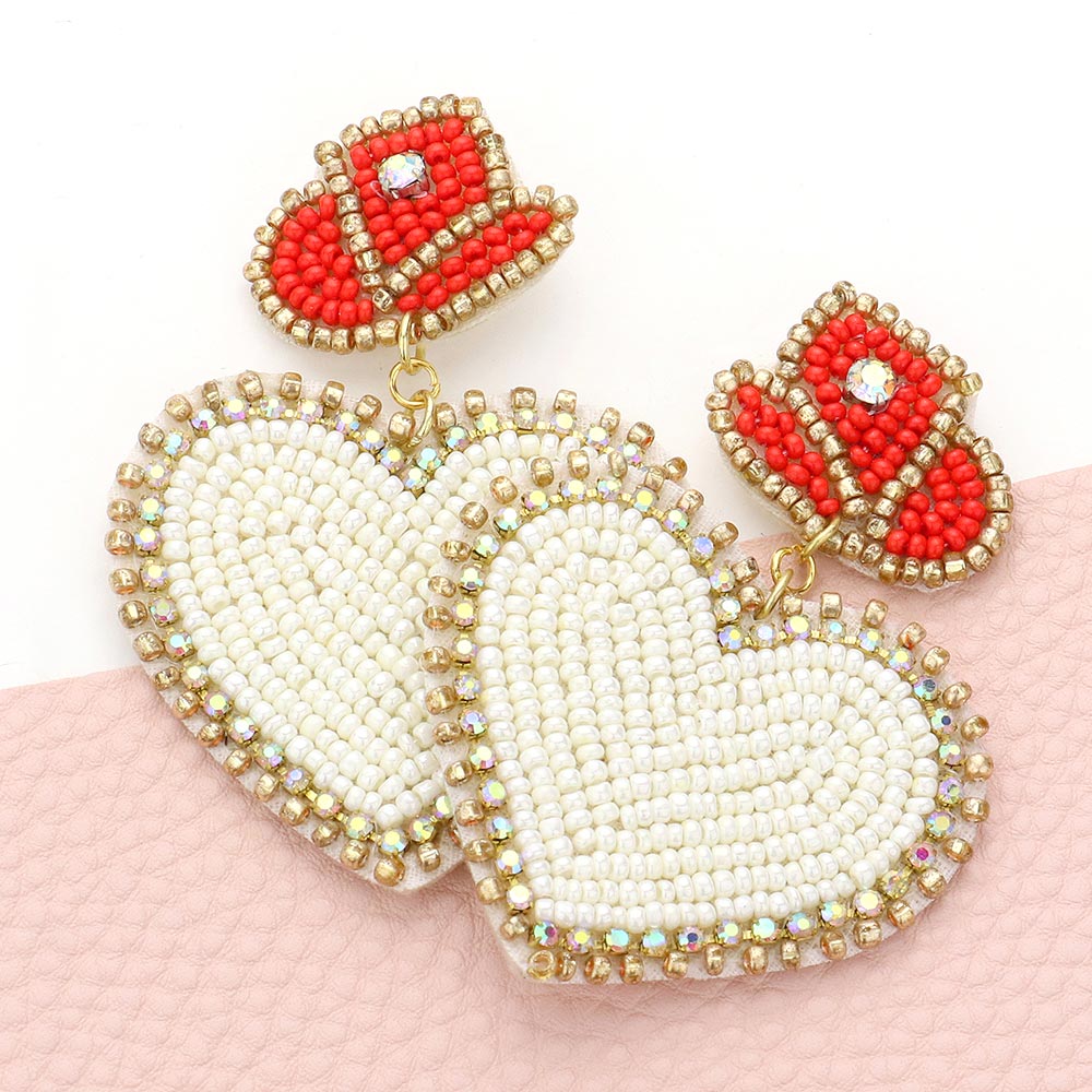Felt Back Beaded Hat Heart Link Dangle Earrings - Ivory - Earrings