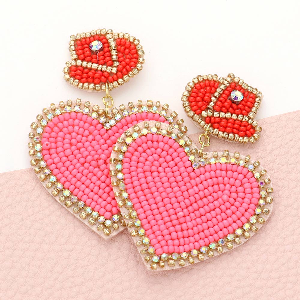 Felt Back Beaded Hat Heart Link Dangle Earrings - Neon Pink - Earrings