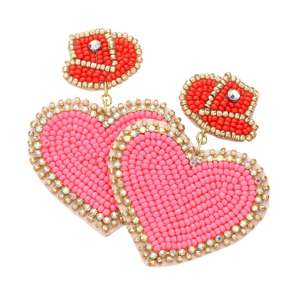 Felt Back Beaded Hat Heart Link Dangle Earrings - Earrings