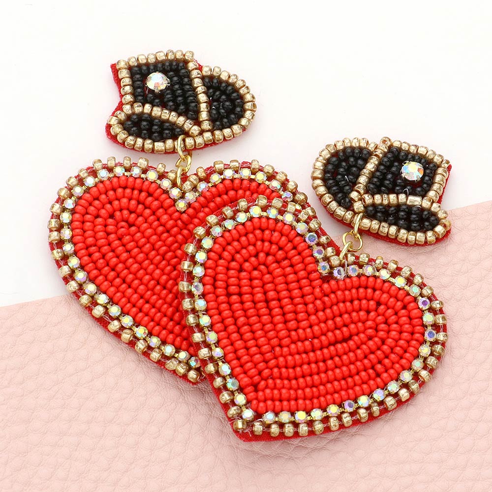 Felt Back Beaded Hat Heart Link Dangle Earrings - Red - Earrings