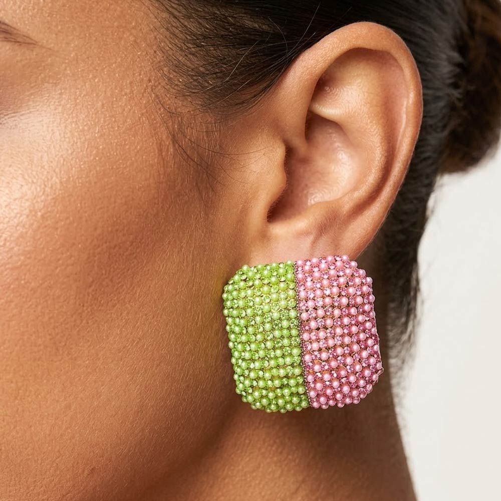 Madeline Love Pink&Green Bold Bling Studded Square Statement Earrings