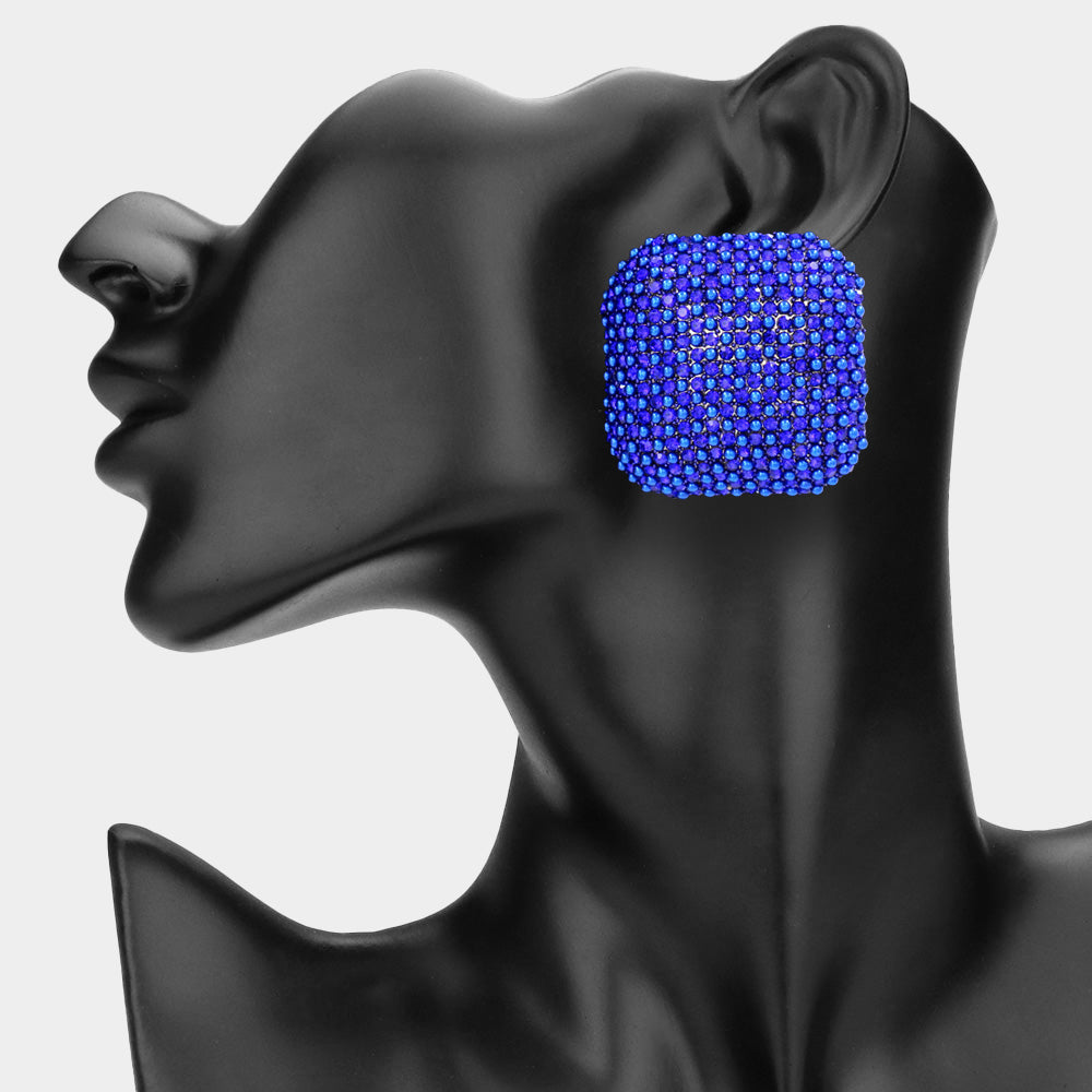 Madeline Love Blue Bold Bling Studded Square Statement Earrings