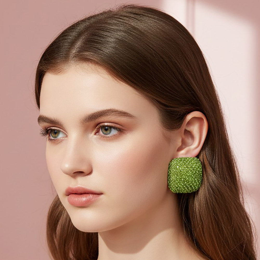 Madeline Love Olive Green Bold Bling Studded Square Statement Earrings