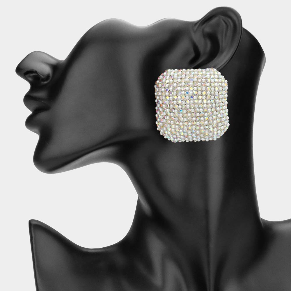 Madeline Love AB, Rhodium Bold Bling Studded Square Statement Earrings
