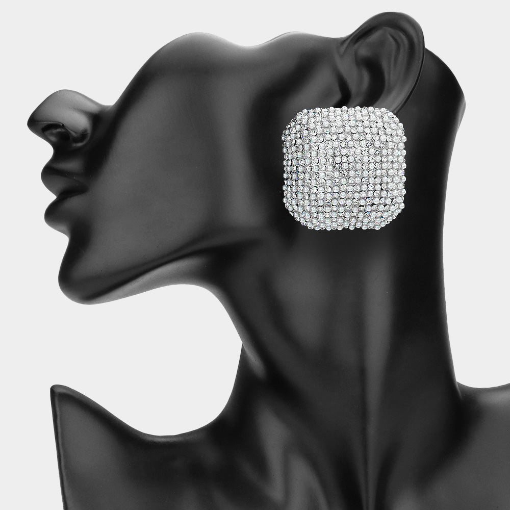 Madeline Love Rhodium, White Bold Bling Studded Square Statement Earrings