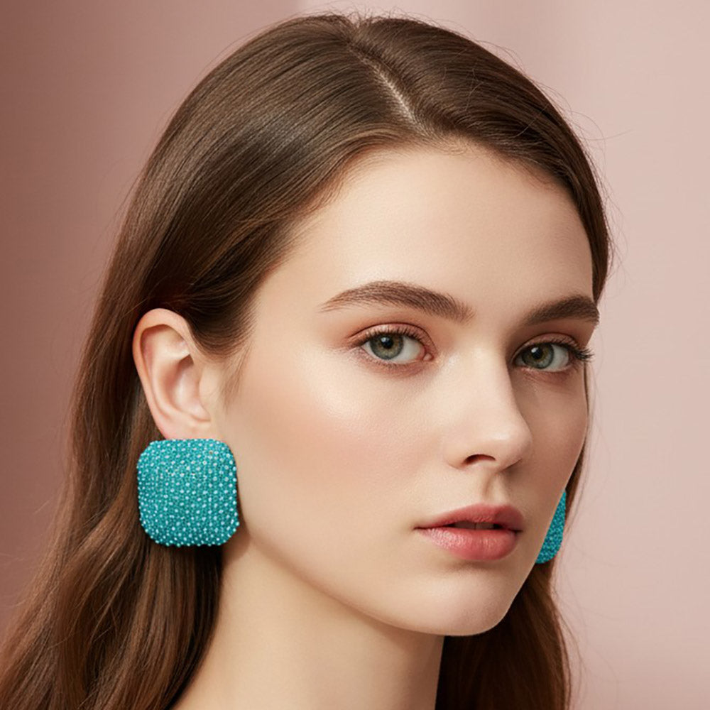 Madeline Love Teal Bold Bling Studded Square Statement Earrings