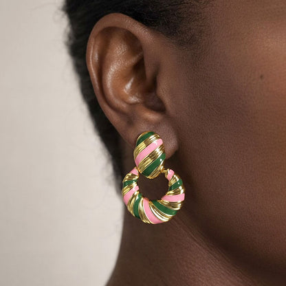 Madeline Love Gold, Pink&Green 14K Gold Dipped Color Block Enamel Drop Earrings