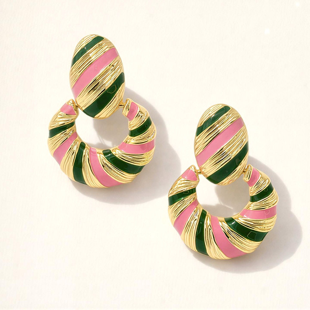 Madeline Love Gold, Pink&Green 14K Gold Dipped Color Block Enamel Drop Earrings - desc