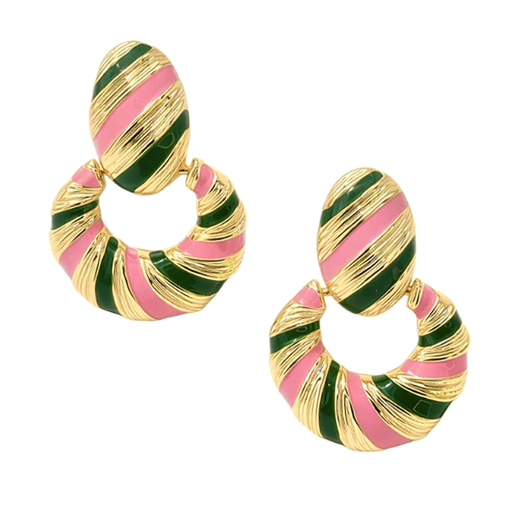 Madeline Love Gold, Pink&Green 14K Gold Dipped Color Block Enamel Drop Earrings - extra