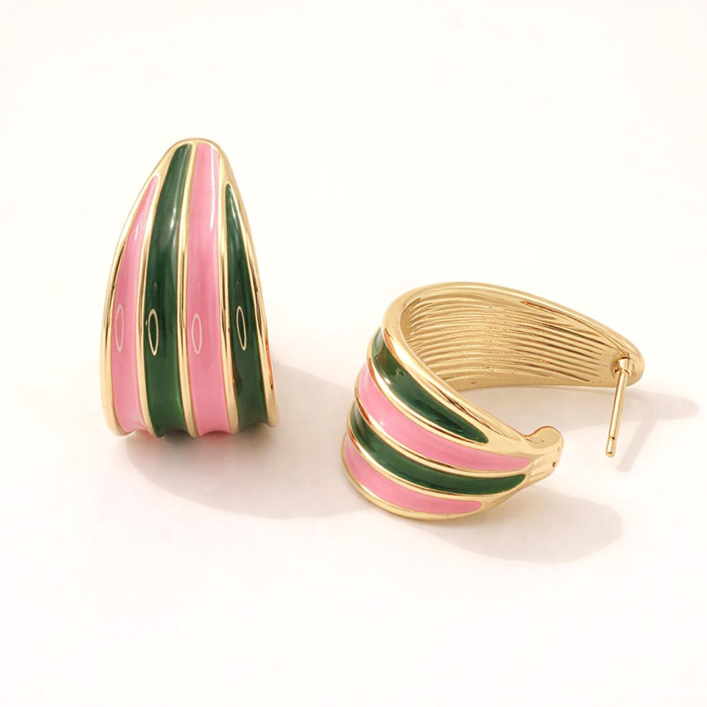 Madeline Love Gold, Pink&Green 14K Gold Dipped Curved Enamel Hoop Earrings