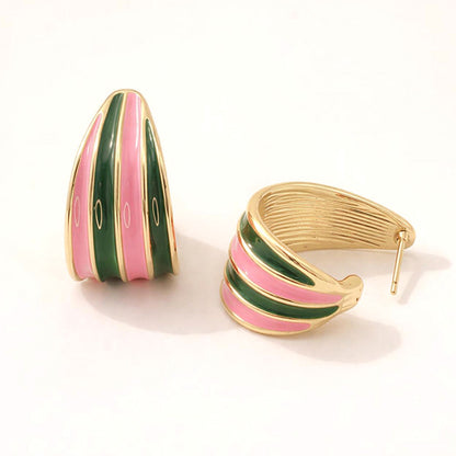 Madeline Love Gold, Pink&Green 14K Gold Dipped Curved Enamel Hoop Earrings