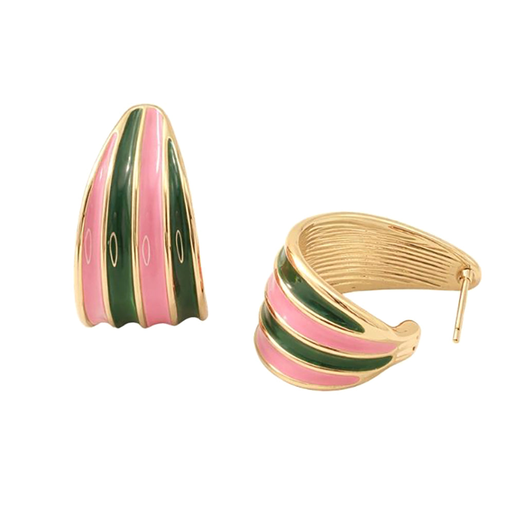 Madeline Love Gold, Pink&Green 14K Gold Dipped Curved Enamel Hoop Earrings - desc