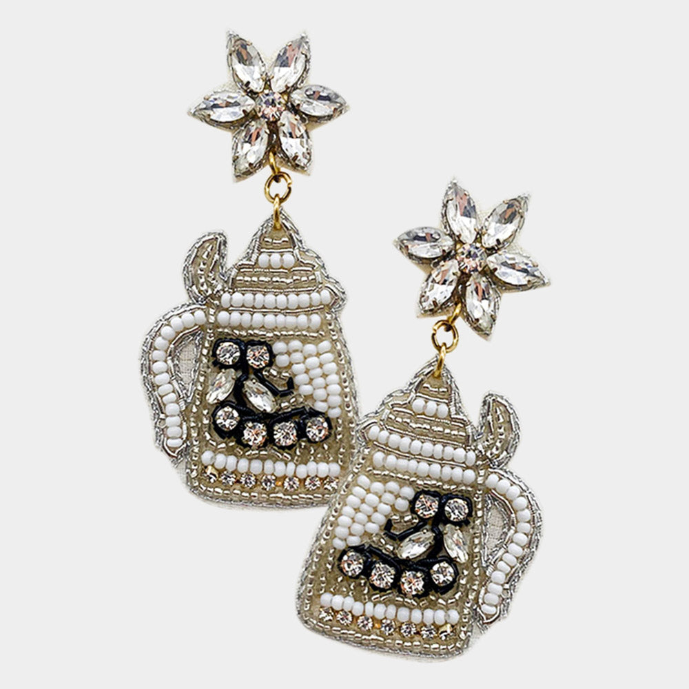 Madeline Love White Felt Back Stone Beaded Kettle Dangle Earrings