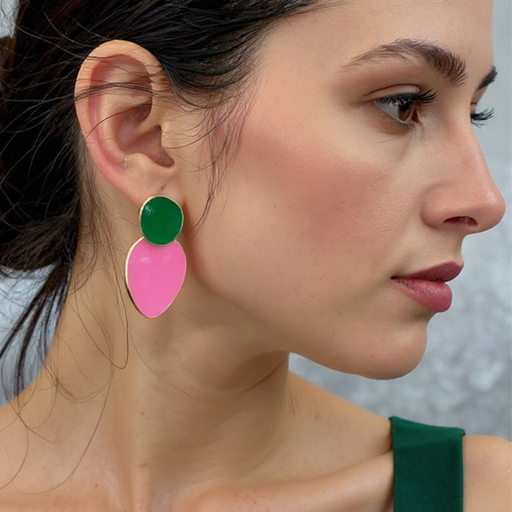 Madeline Love Gold, Pink&Green 14K Gold Dipped Enamel Oval Link Drop Earrings