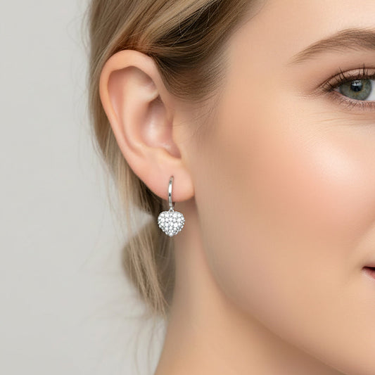 Madeline Love Silver, White Gold White Gold Dipped Mini CZ Pearl Pave Heart Charm Drop Huggie Hoop Earrings