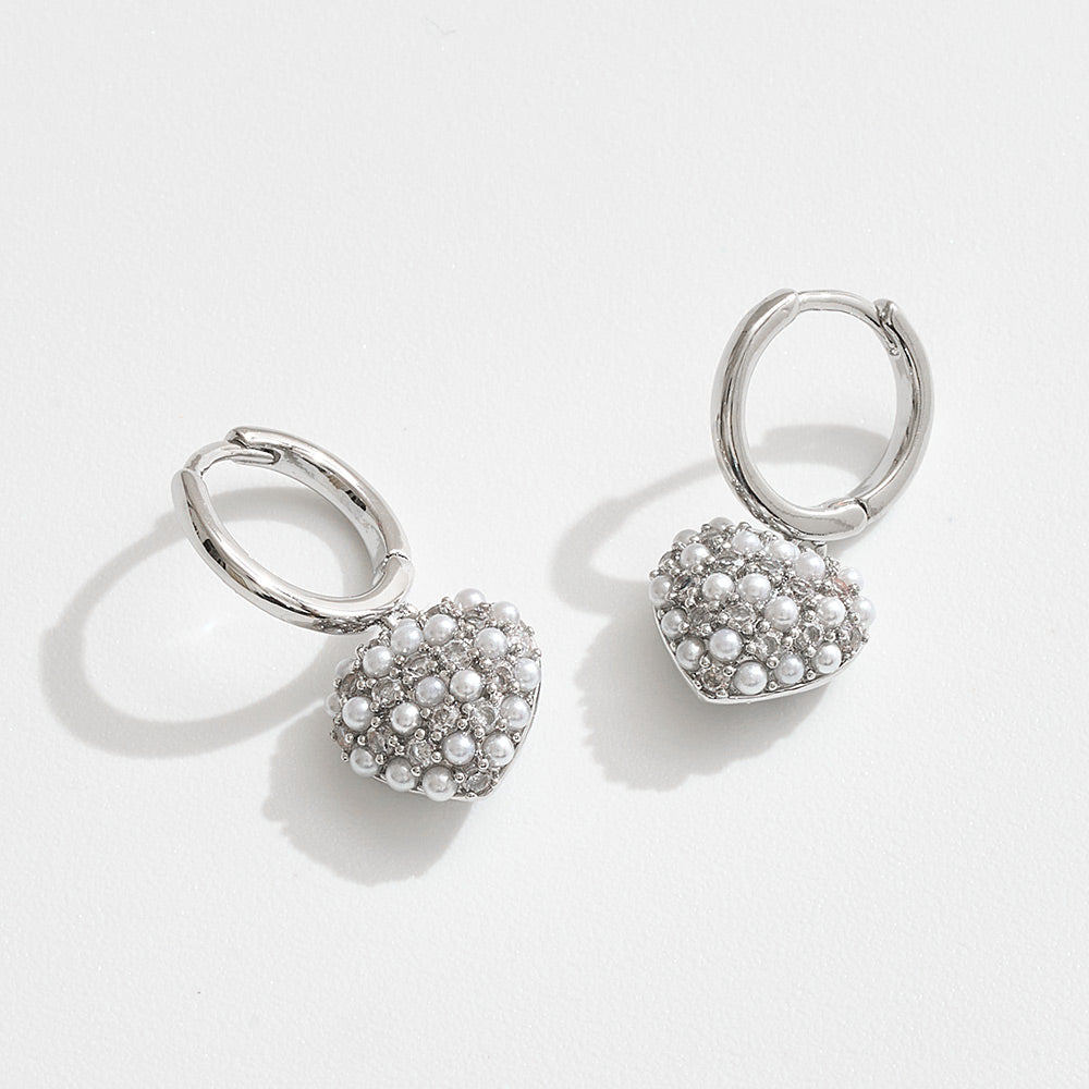 Madeline Love Silver, White Gold White Gold Dipped Mini CZ Pearl Pave Heart Charm Drop Huggie Hoop Earrings - desc