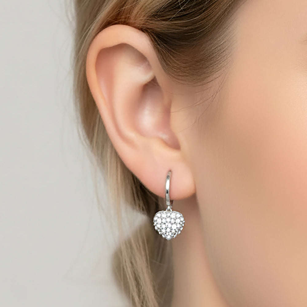 Madeline Love Silver, White Gold White Gold Dipped Mini CZ Pearl Pave Heart Charm Drop Huggie Hoop Earrings - extra