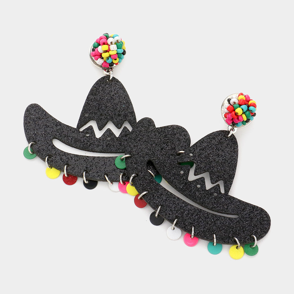 Madeline Love Black Glittered Cowboy Hat Dangle Earrings