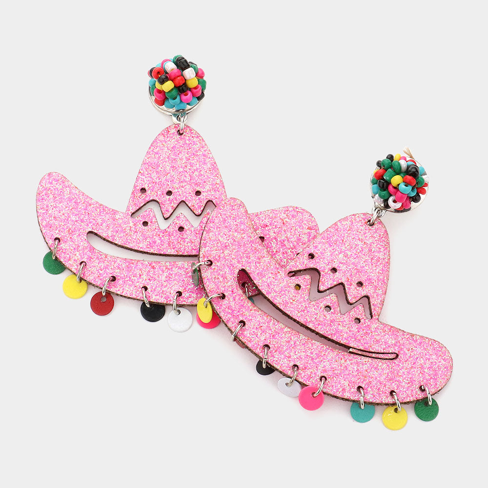 Madeline Love Pink Glittered Cowboy Hat Dangle Earrings