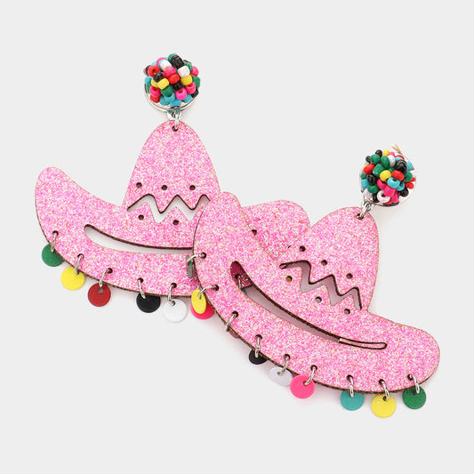 Madeline Love Pink Glittered Cowboy Hat Dangle Earrings