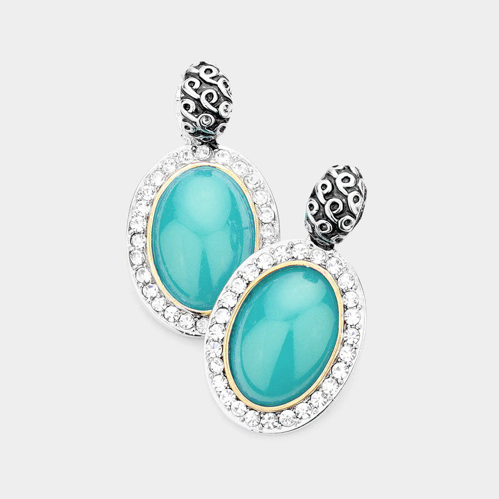 Madeline Love Turquoise Rhinestone Trim Oval Stone Dangle Earrings