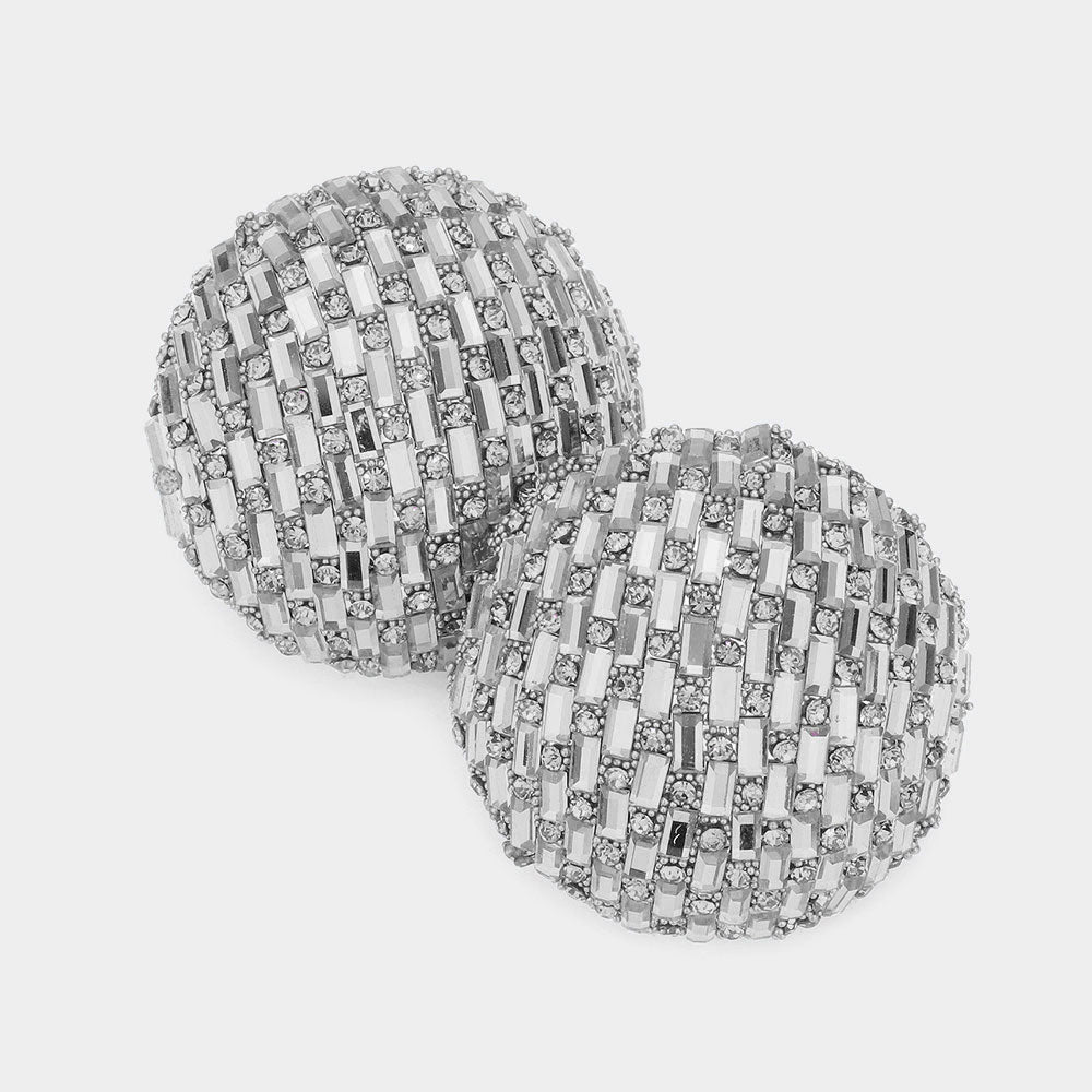 Madeline Love Silver Rectangle Round Stone Cluster Dome Earrings