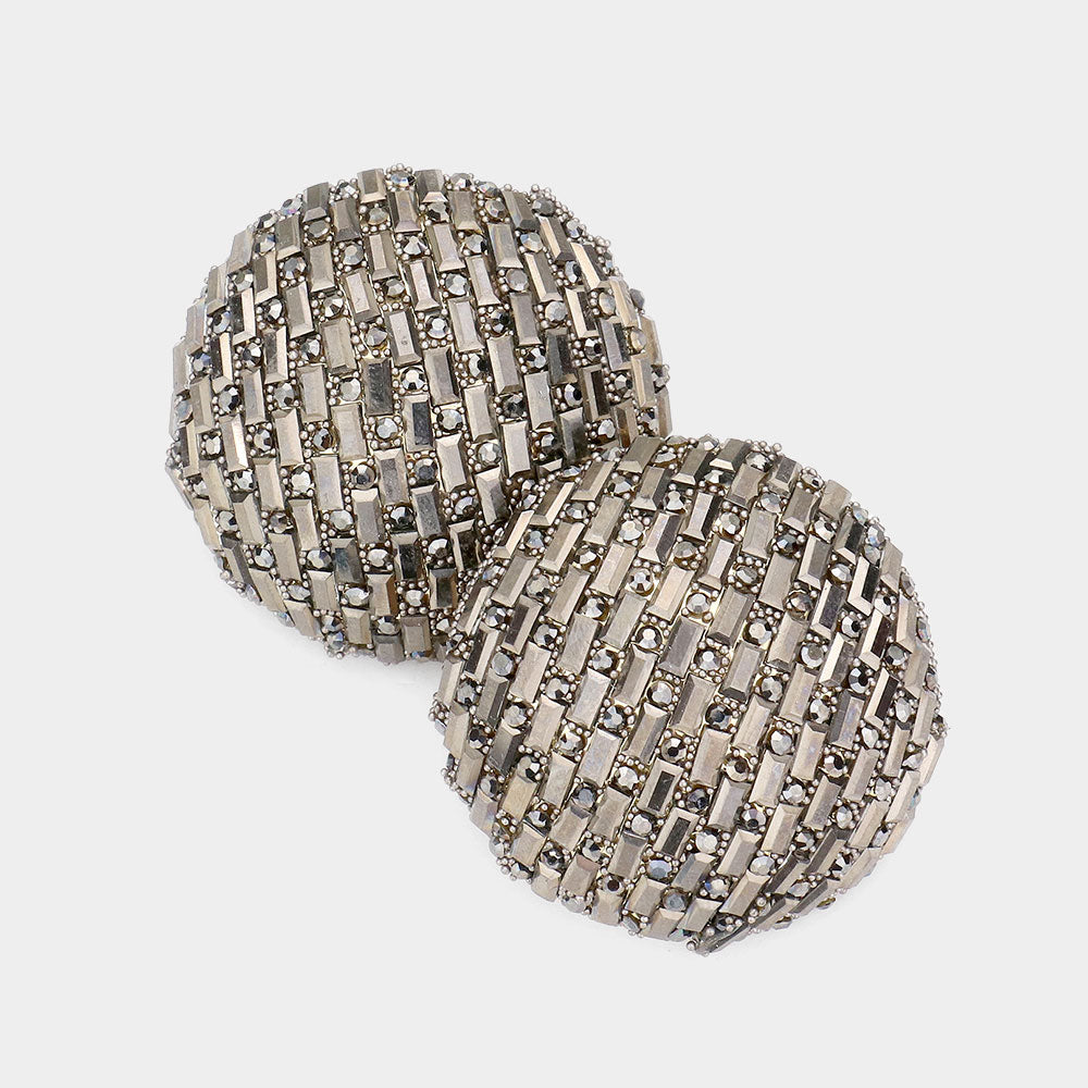 Madeline Love Gray, Hematite Rectangle Round Stone Cluster Dome Earrings