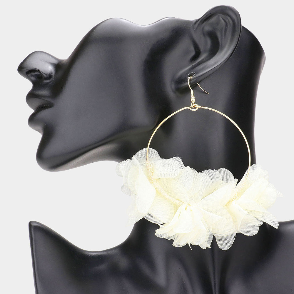 Madeline Love Ivory Floral Fabric Cluster Open Metal Circle Dangle Earrings