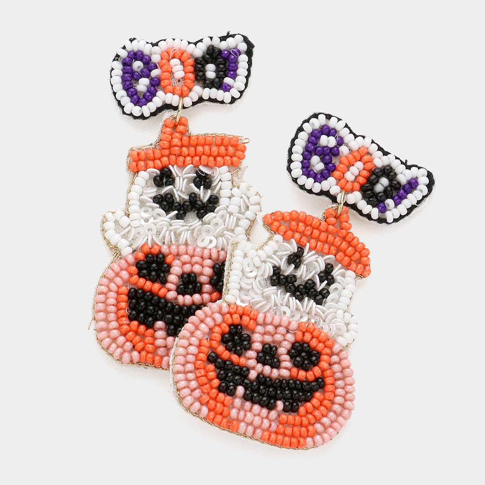 Orange Boo! Message Felt Back Sequin Seed Beaded Ghost Pumpkin Link Dangle Earrings