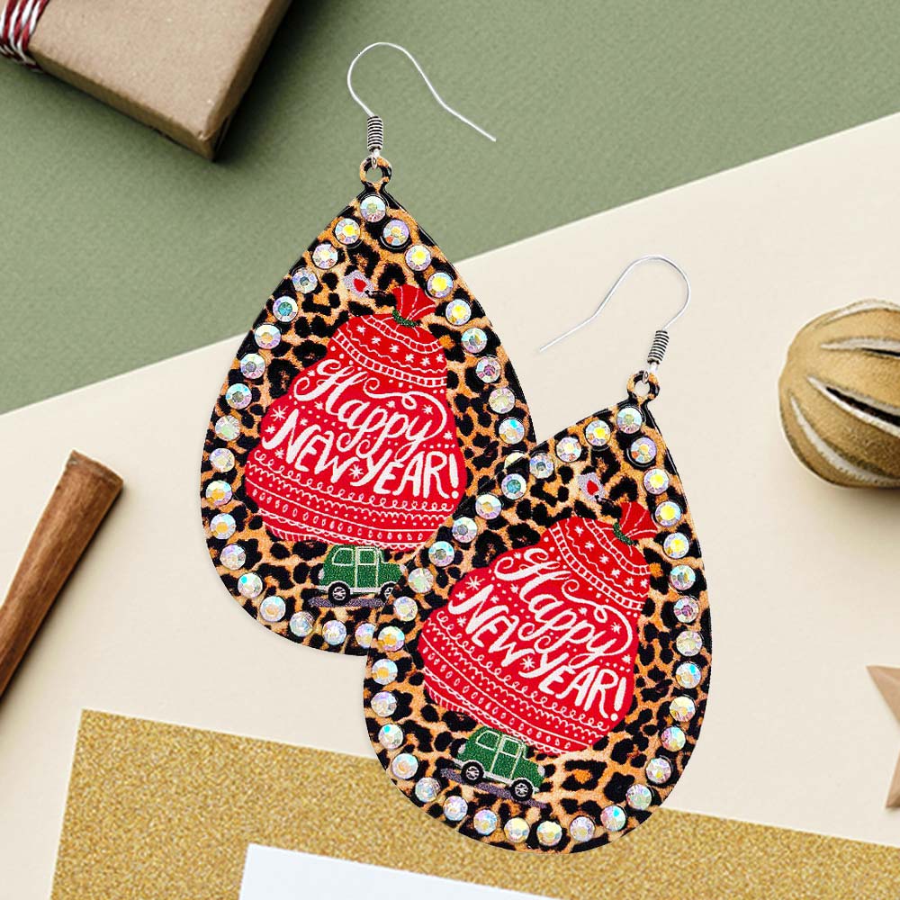Madeline Love Leopard Happy New Year Message Printed Stone Trimmed Metal Teardrop Dangle Earrings