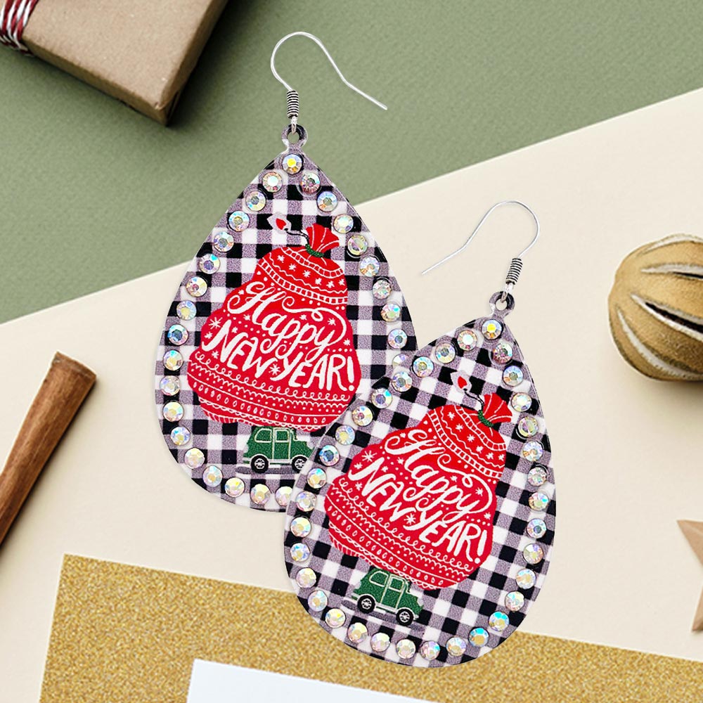 Madeline Love Black Happy New Year Message Printed Stone Trimmed Metal Teardrop Dangle Earrings