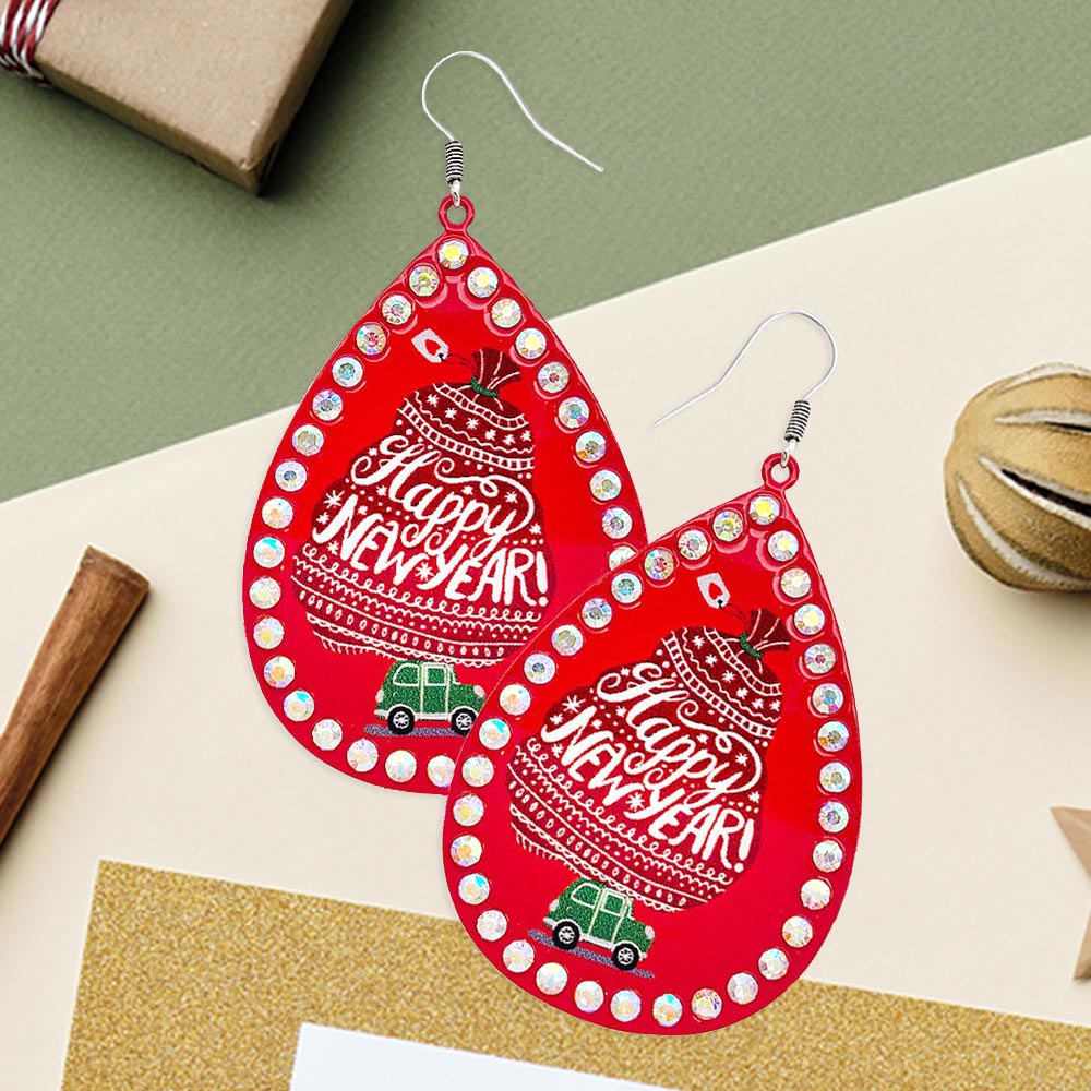Madeline Love Red Happy New Year Message Printed Stone Trimmed Metal Teardrop Dangle Earrings