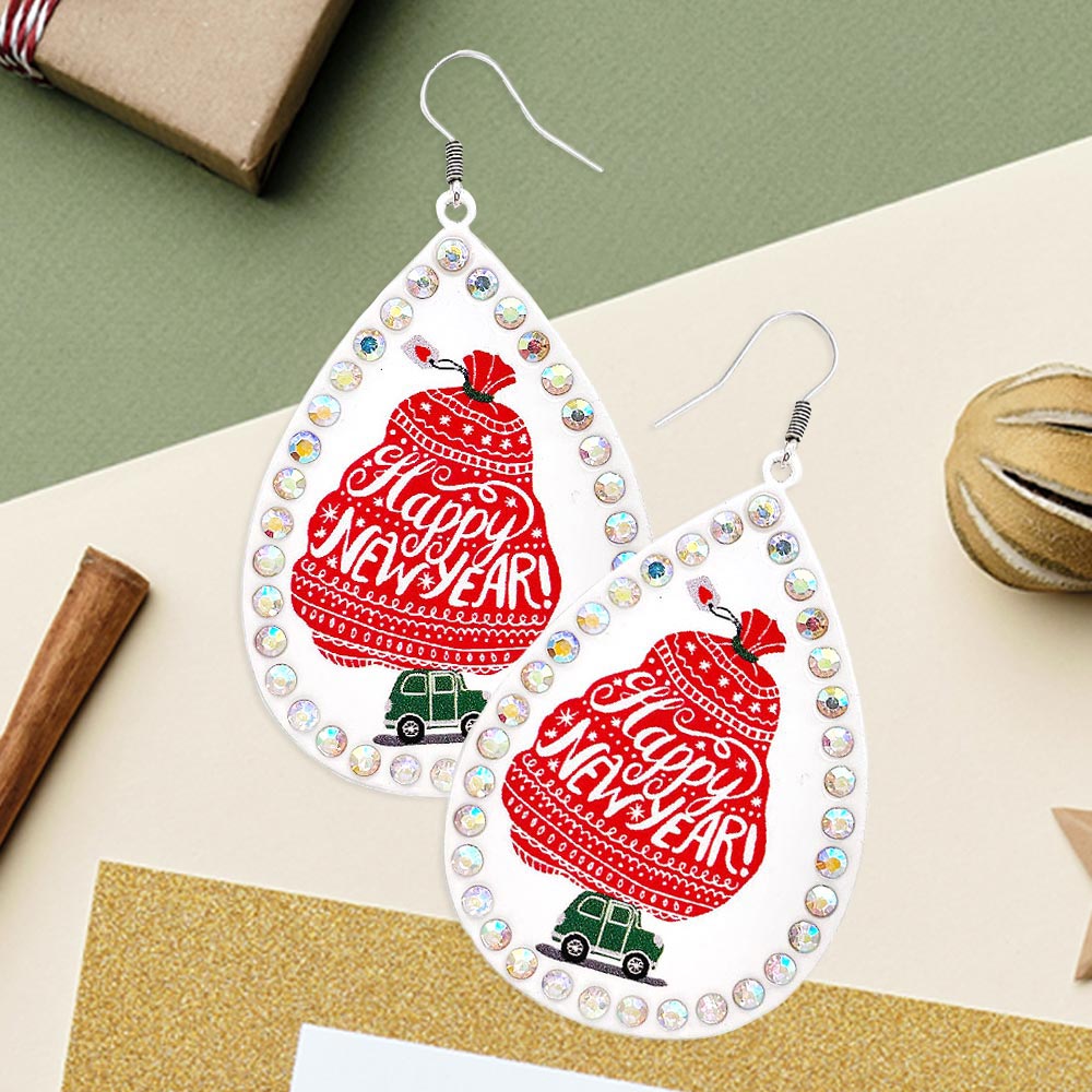 Madeline Love White Happy New Year Message Printed Stone Trimmed Metal Teardrop Dangle Earrings