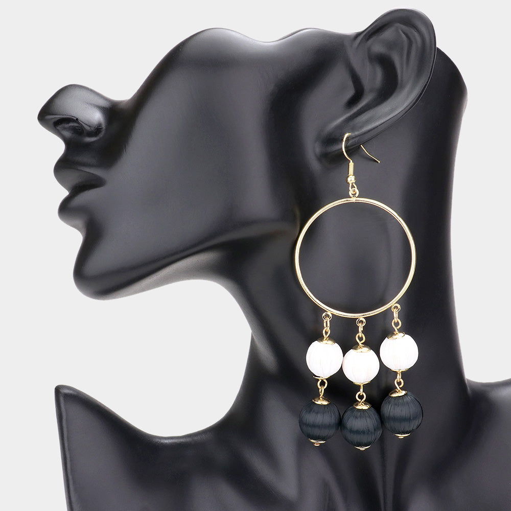 Madeline Love Black Open Metal Circle Raffia Wrapped Ball Link Dangle Earrings