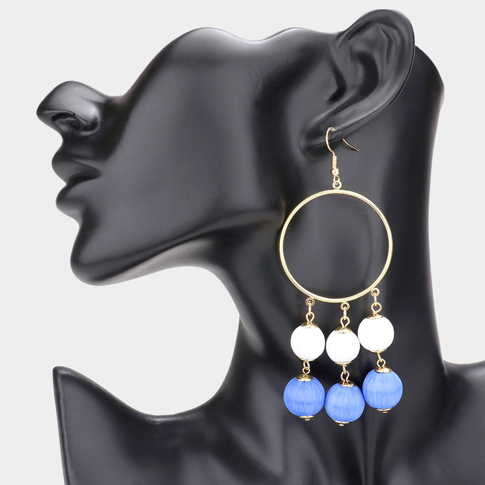 Madeline Love Royal Blue Open Metal Circle Raffia Wrapped Ball Link Dangle Earrings