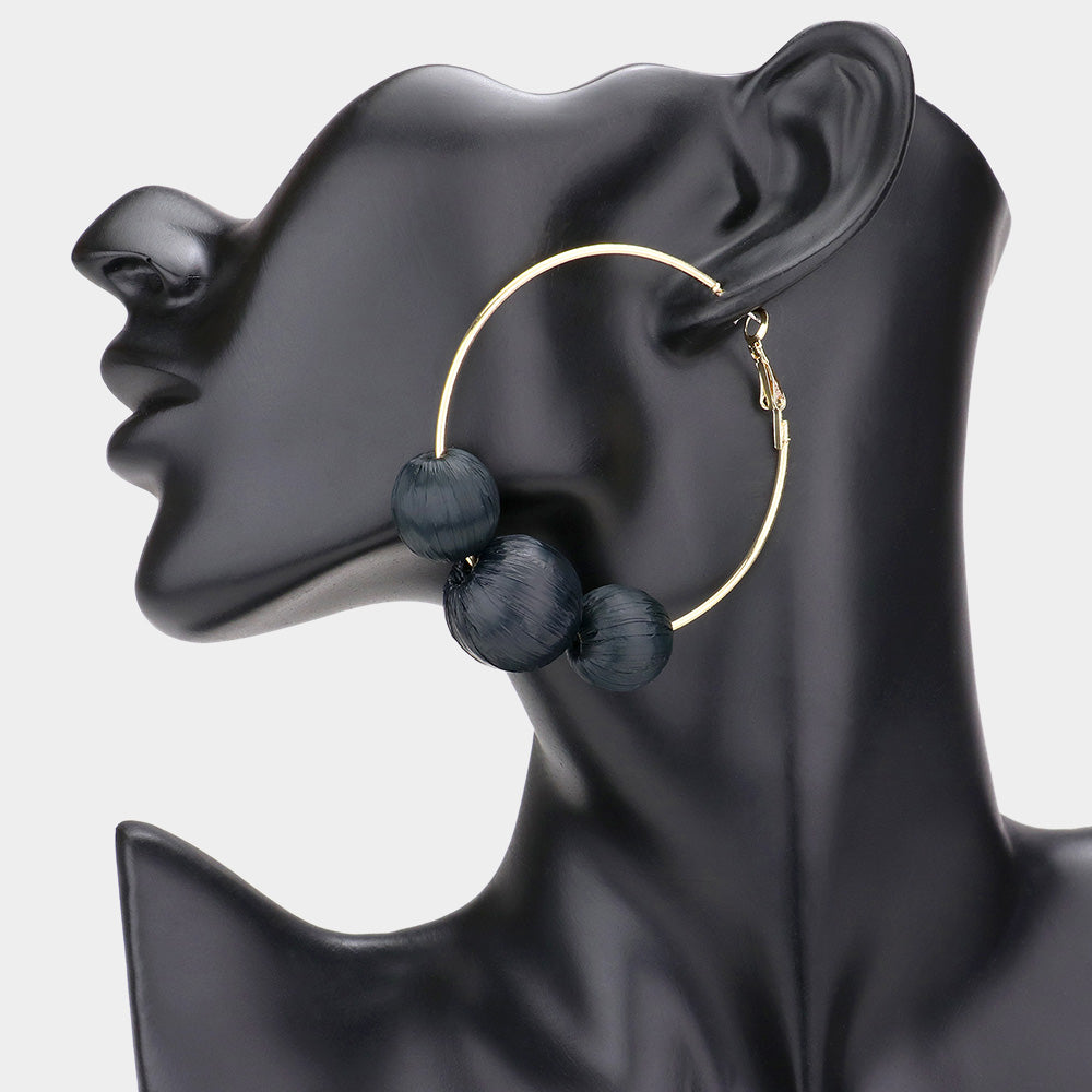 Madeline Love Black Raffia Wrapped Triple Ball Hoop Earrings