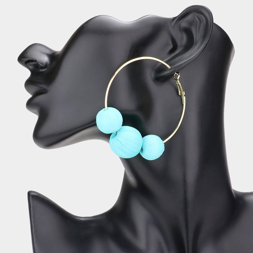 Madeline Love Turquoise Raffia Wrapped Triple Ball Hoop Earrings